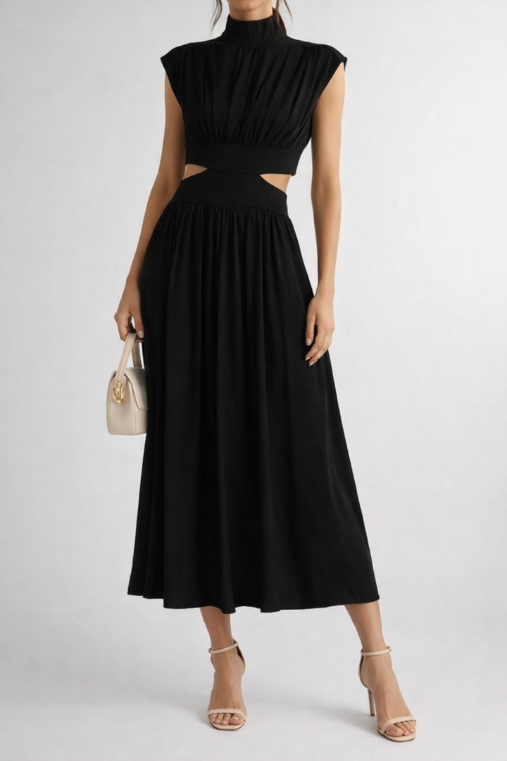 Cut-Out Waist Midi Dress with High Neck