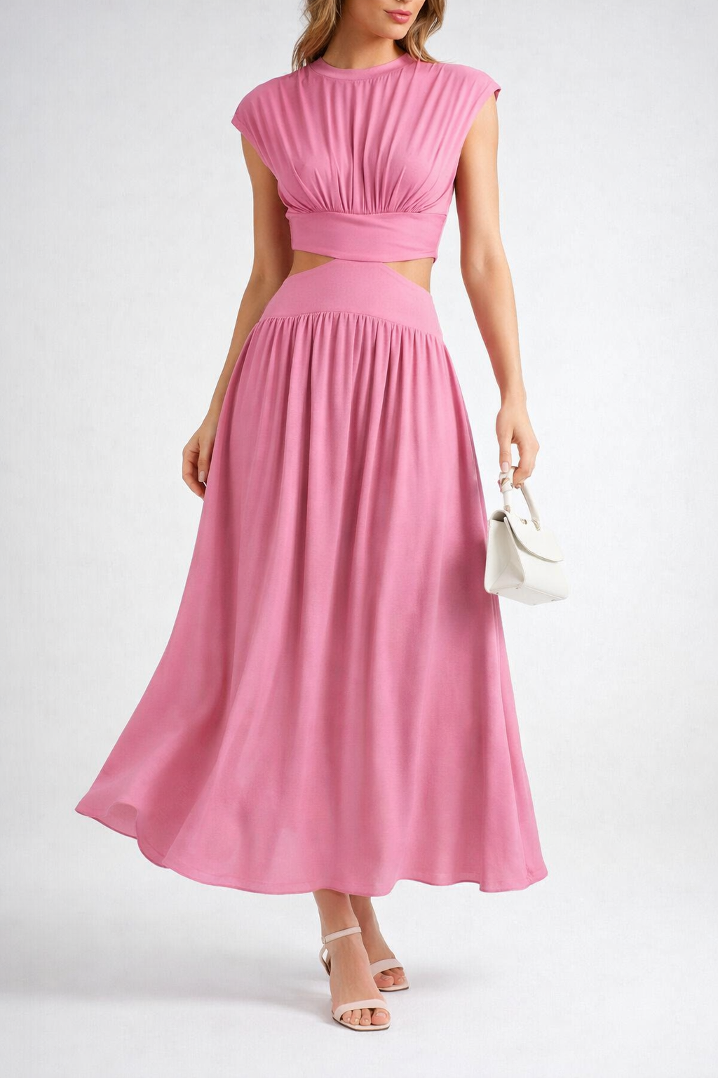 Cut-Out Waist Midi Dress with High Neck