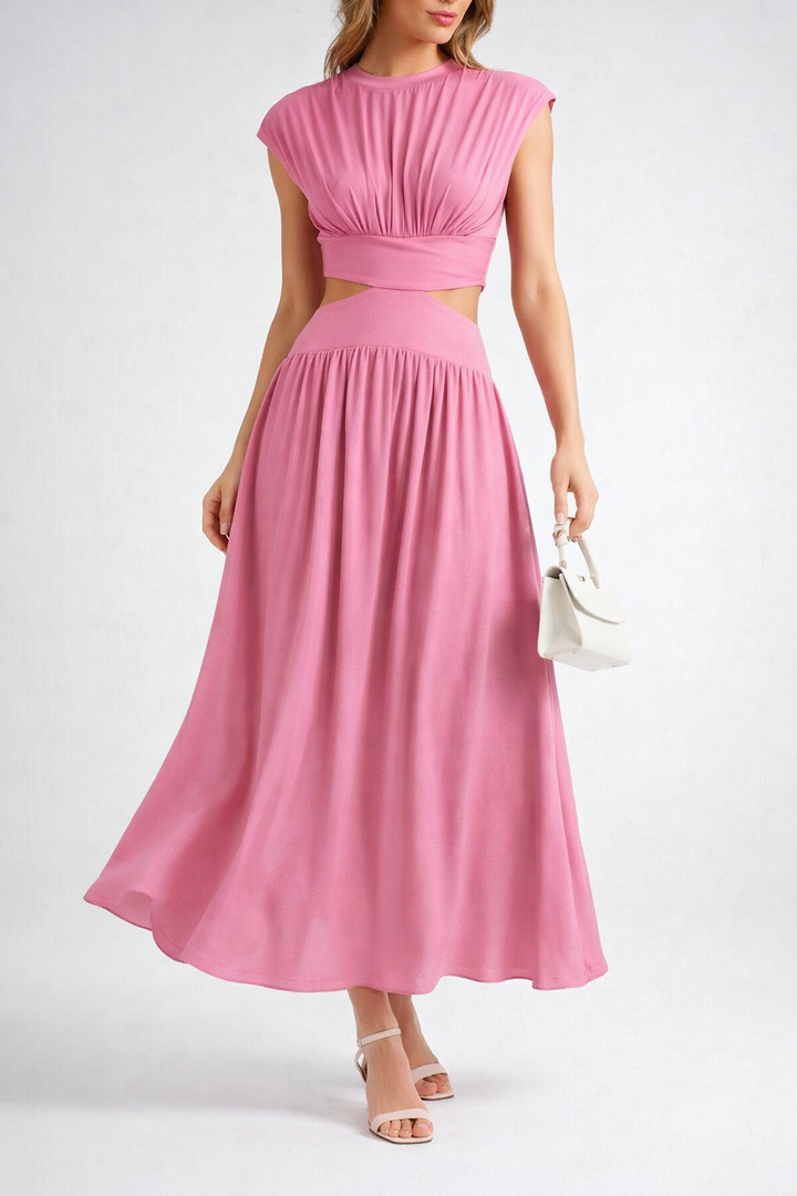 Cut-Out Waist Midi Dress with High Neck