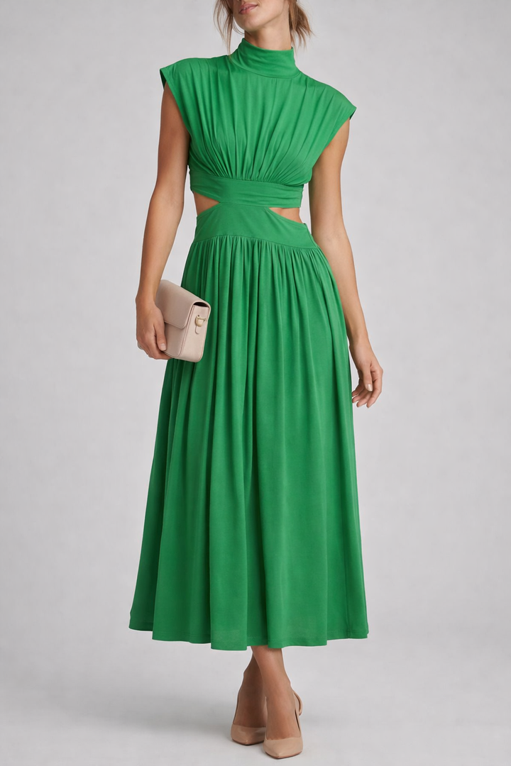 Cut-Out Waist Midi Dress with High Neck