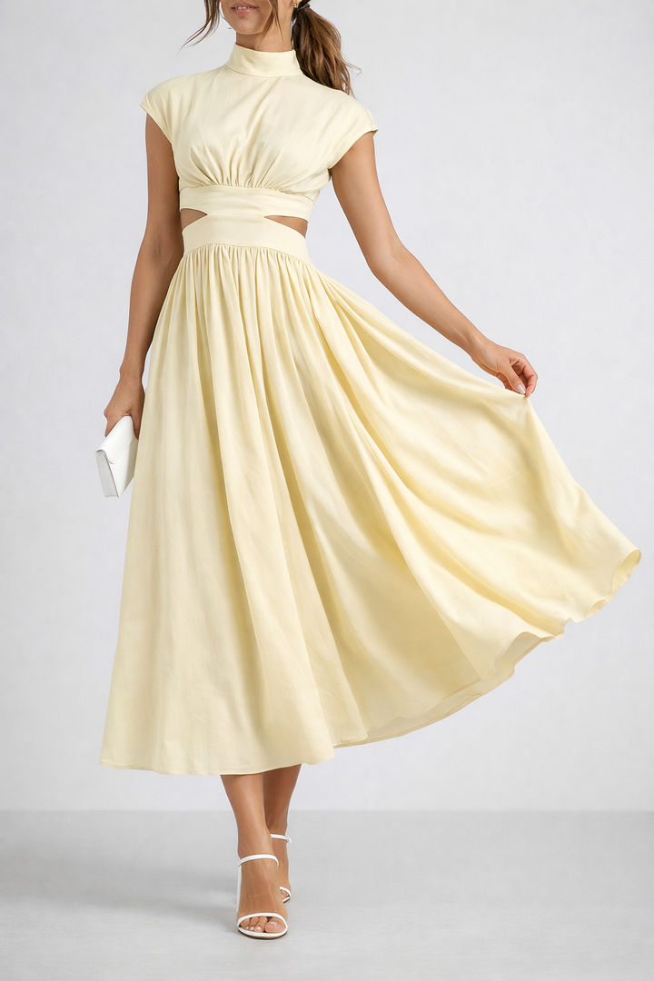 Cut-Out Waist Midi Dress with High Neck