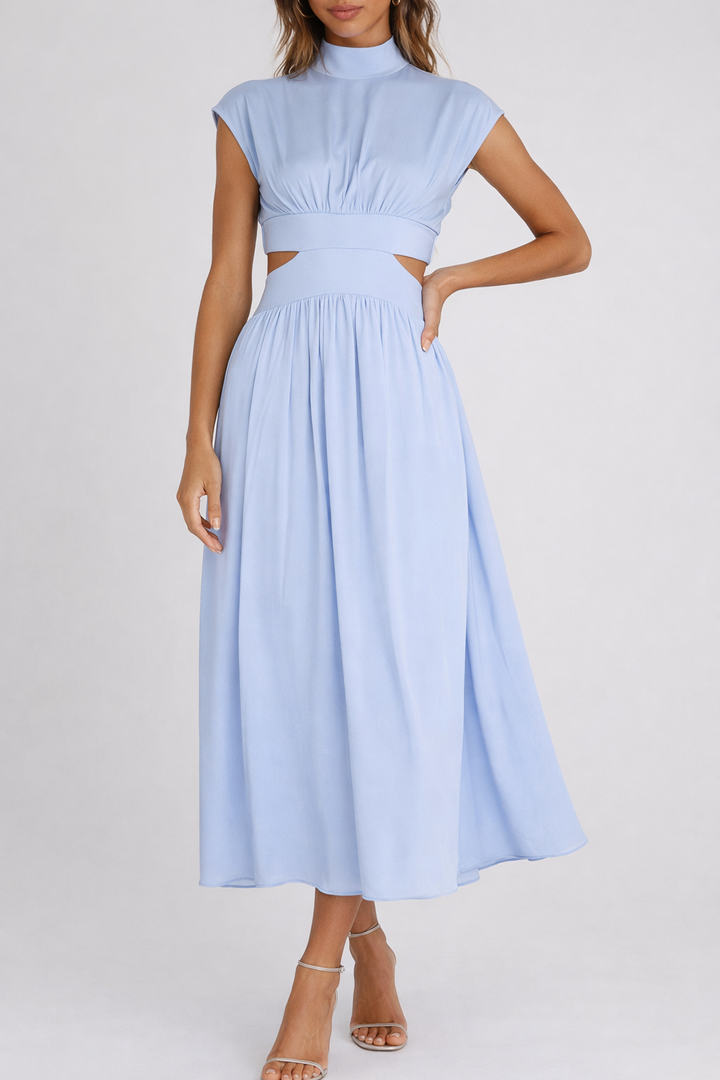 Cut-Out Waist Midi Dress with High Neck