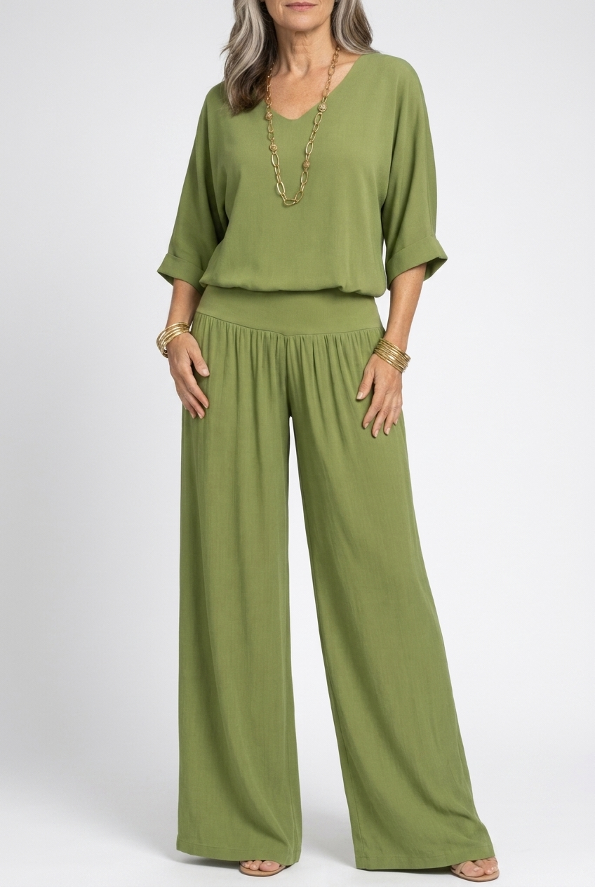 Relaxed V-Neck Top and Wide-Leg Pants Set