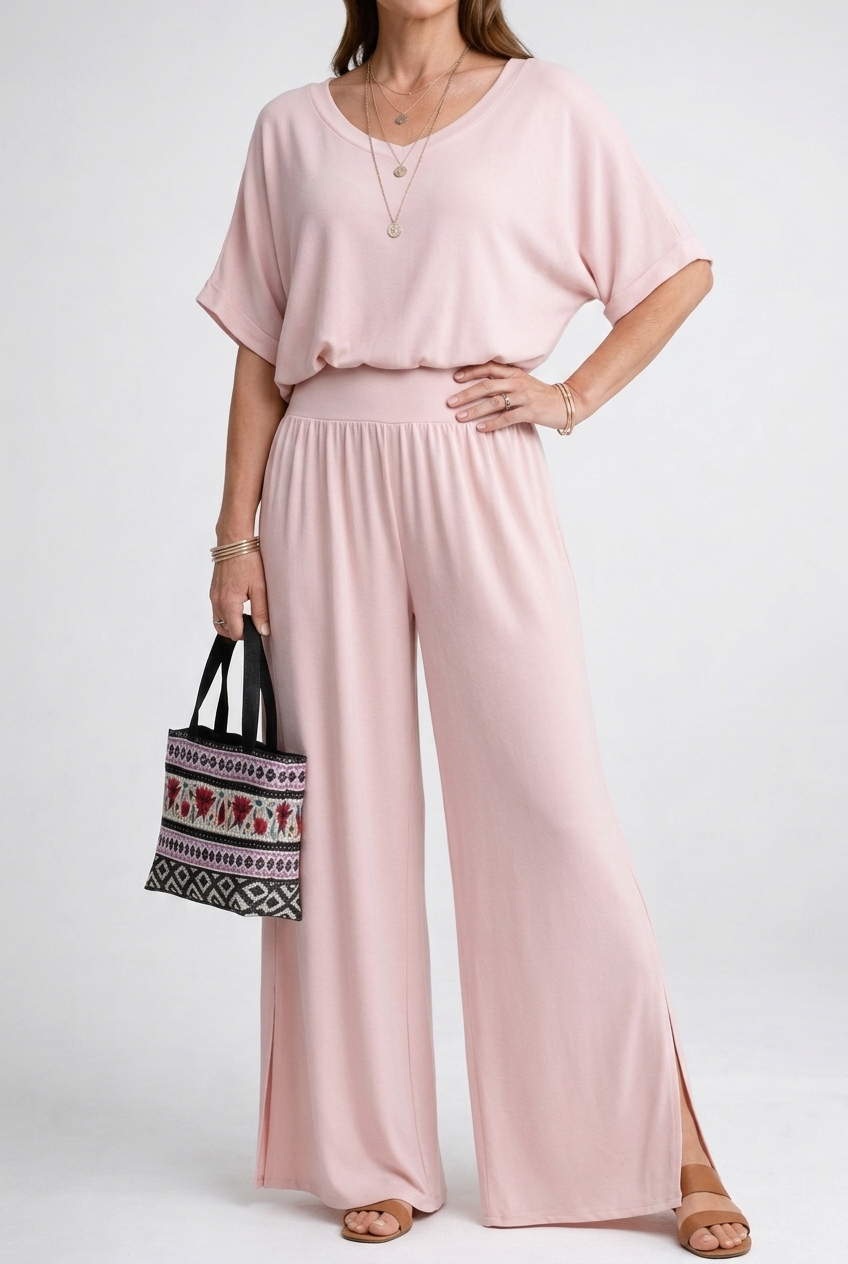 Relaxed V-Neck Top and Wide-Leg Pants Set