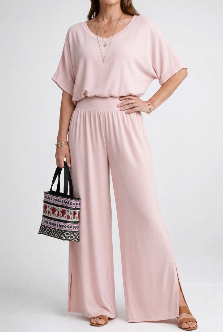 Relaxed V-Neck Top and Wide-Leg Pants Set