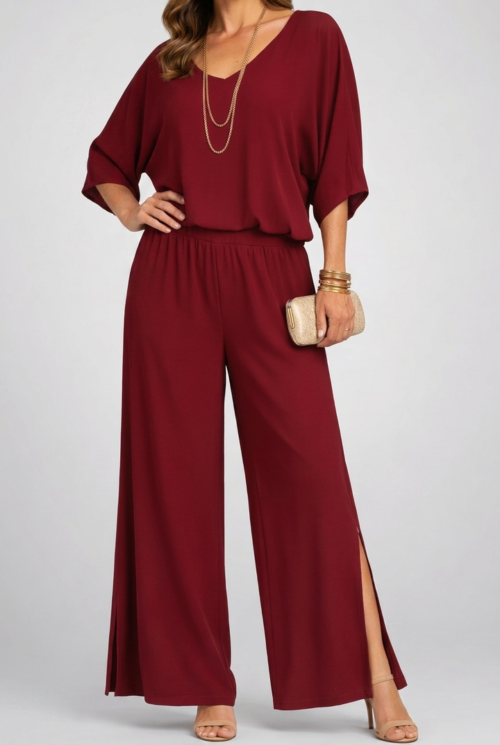 Relaxed V-Neck Top and Wide-Leg Pants Set