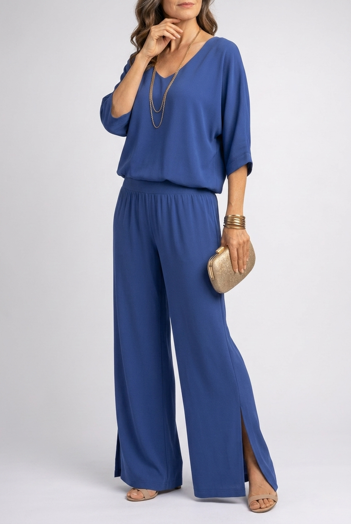 Relaxed V-Neck Top and Wide-Leg Pants Set