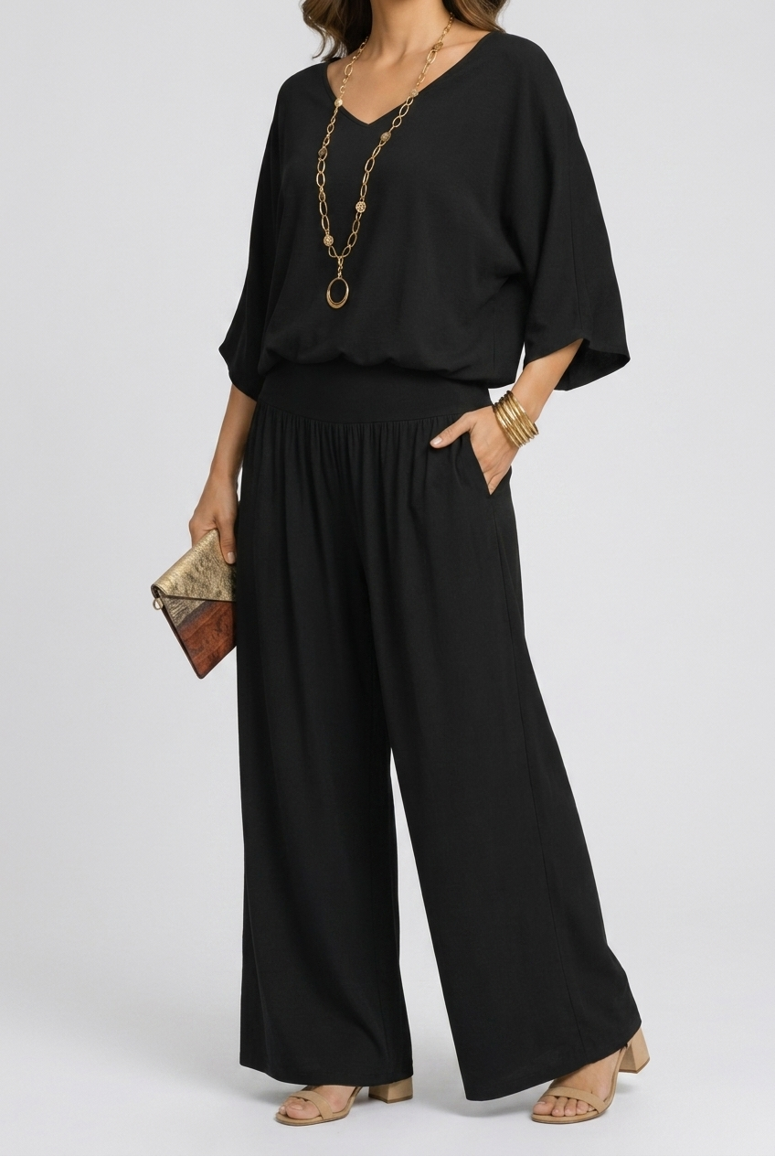 Relaxed V-Neck Top and Wide-Leg Pants Set