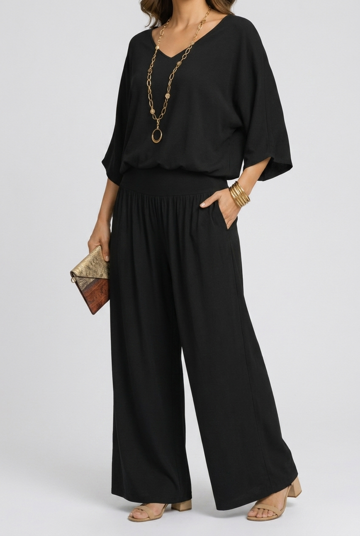 Relaxed V-Neck Top and Wide-Leg Pants Set