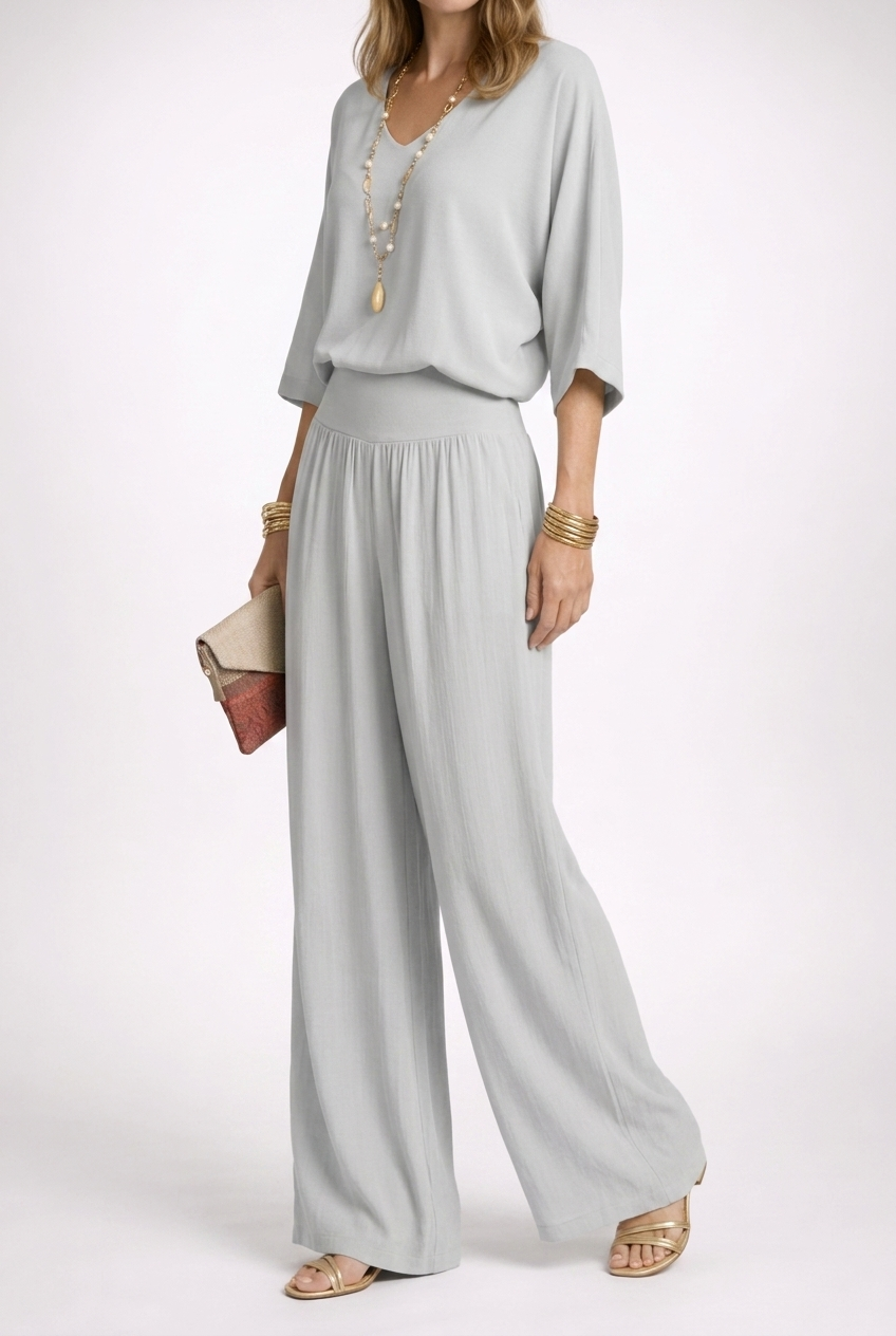Relaxed V-Neck Top and Wide-Leg Pants Set