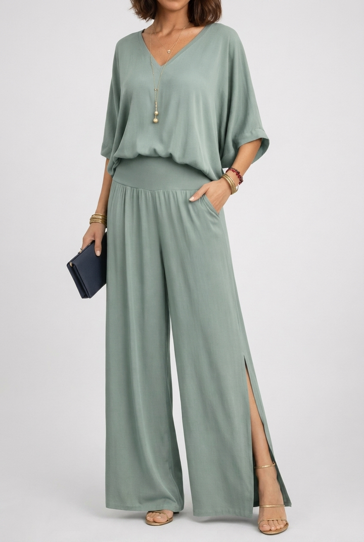 Relaxed V-Neck Top and Wide-Leg Pants Set