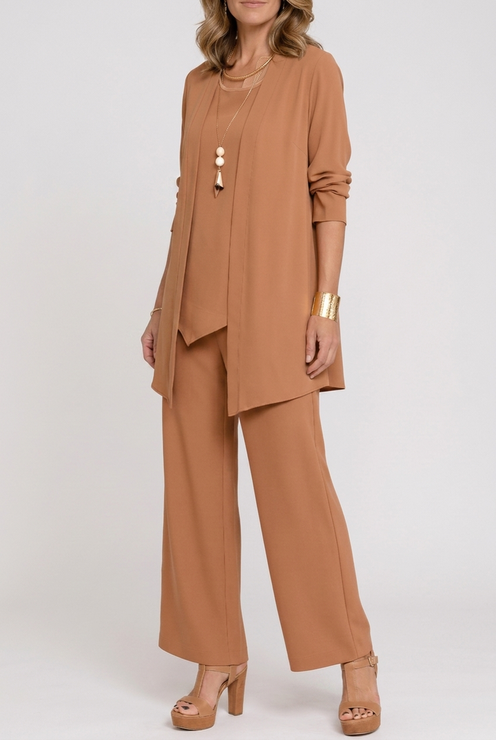 Three Piece Coordinated Set Cardigan Top and Trousers for Women