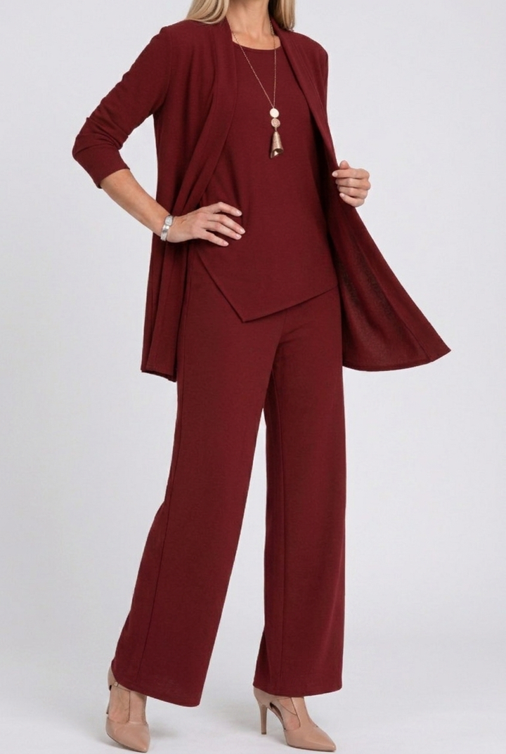 Three Piece Coordinated Set Cardigan Top and Trousers for Women