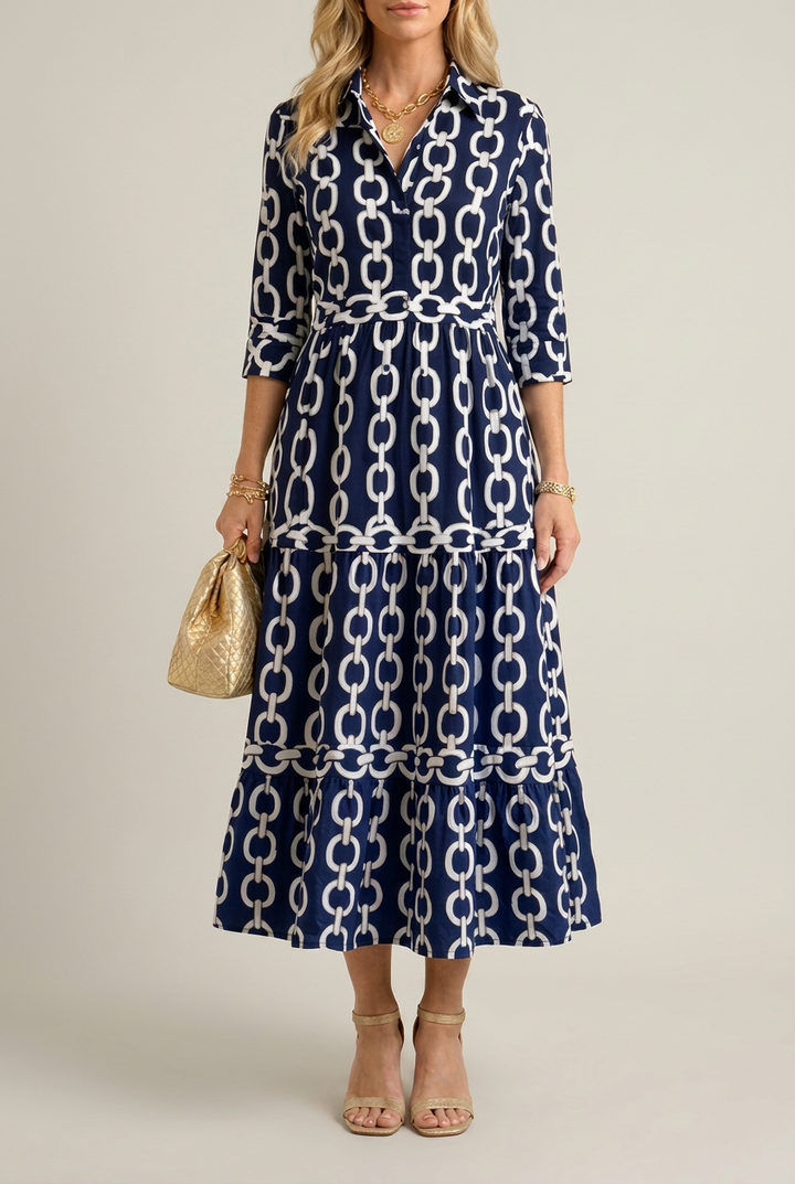 Printed Chain Pattern Midi Dress with Drape