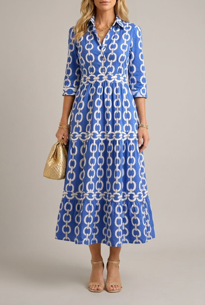 Printed Chain Pattern Midi Dress with Drape