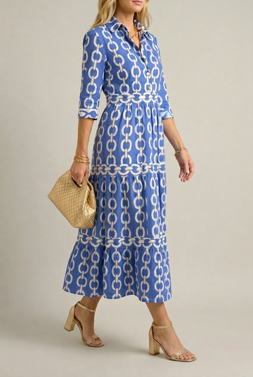 Printed Chain Pattern Midi Dress with Drape