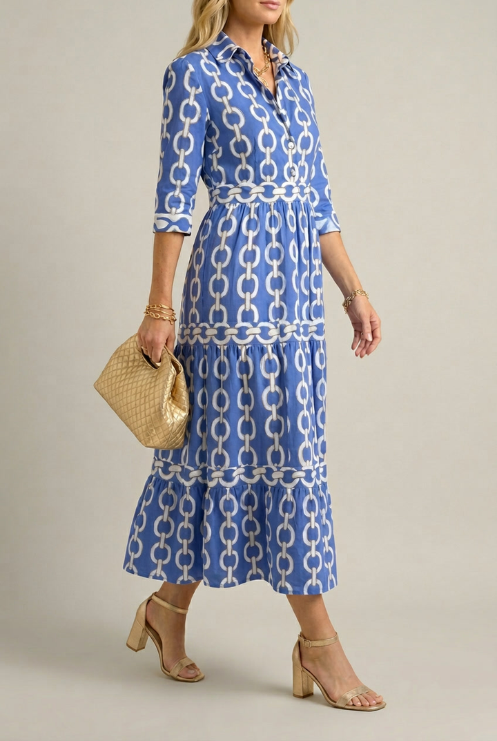 Printed Chain Pattern Midi Dress with Drape