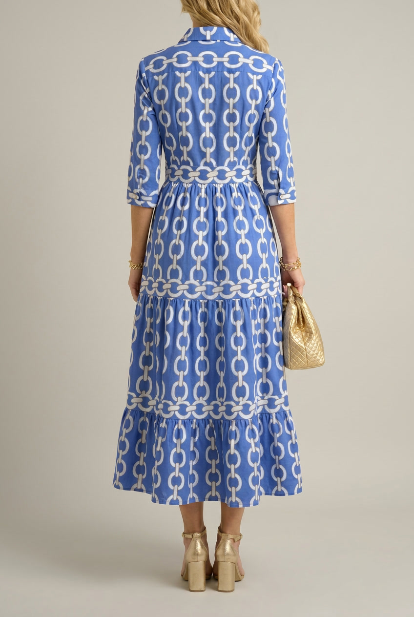 Printed Chain Pattern Midi Dress with Drape