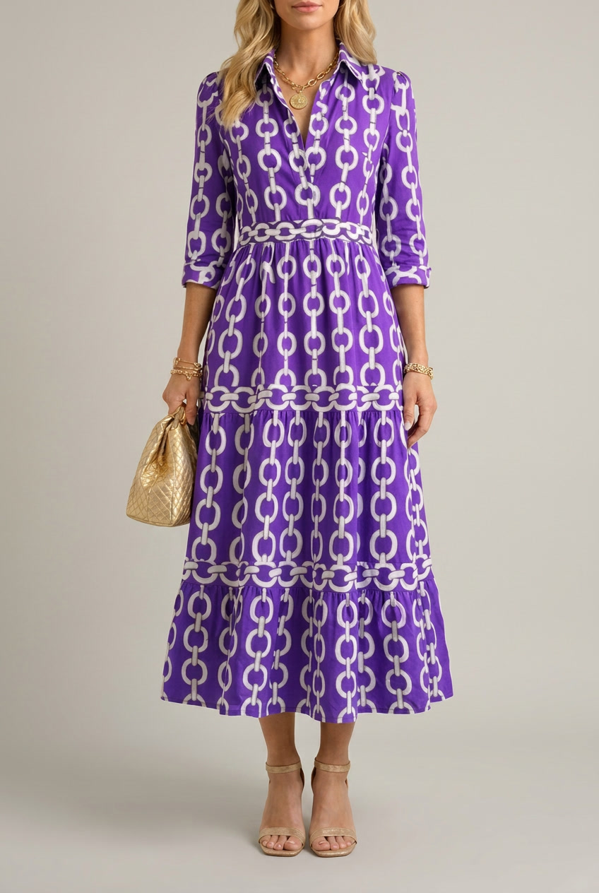 Printed Chain Pattern Midi Dress with Drape