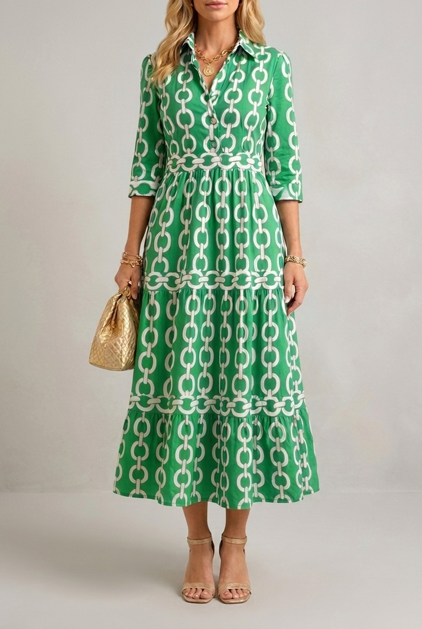 Printed Chain Pattern Midi Dress with Drape