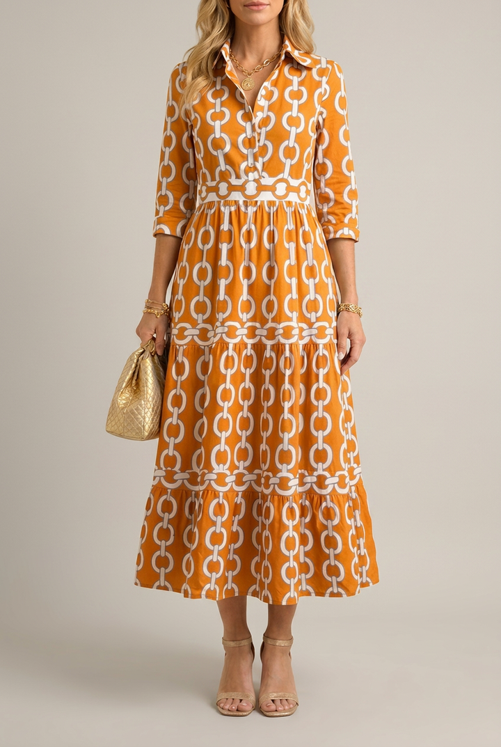 Printed Chain Pattern Midi Dress with Drape