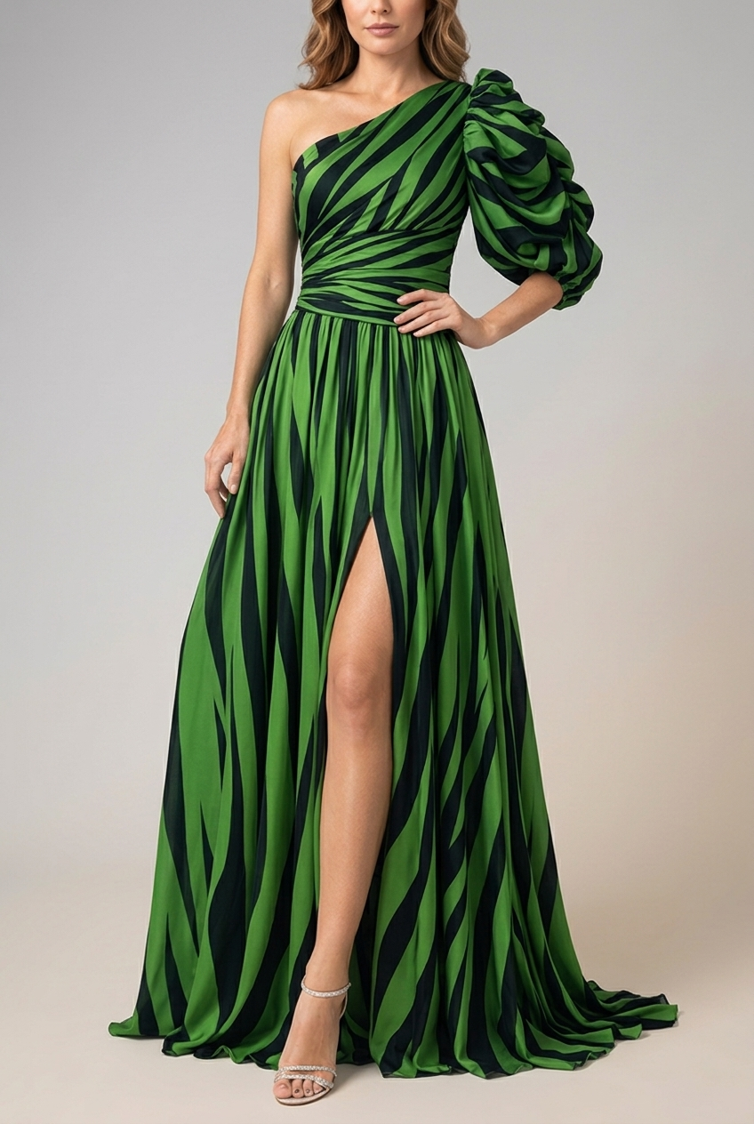 Striped One Shoulder Maxi Dress Flowing Fit