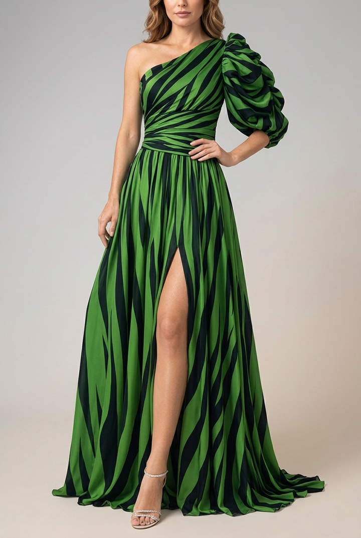 Striped One Shoulder Maxi Dress Flowing Fit
