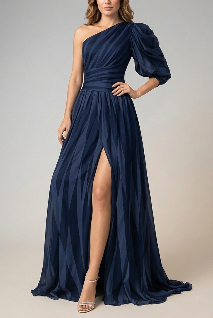 Striped One Shoulder Maxi Dress Flowing Fit