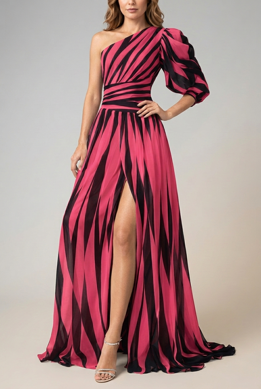 Striped One Shoulder Maxi Dress Flowing Fit