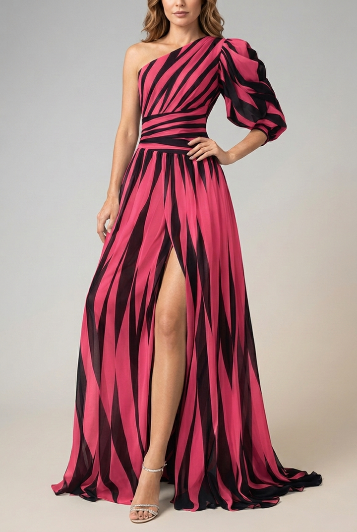 Striped One Shoulder Maxi Dress Flowing Fit
