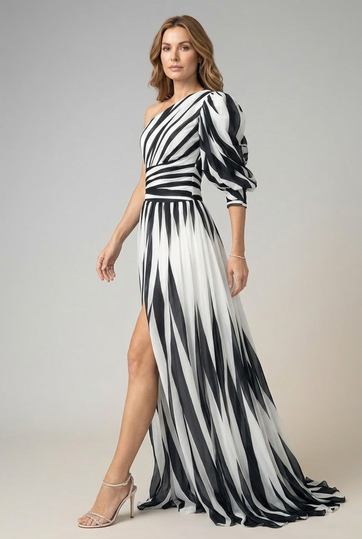 Striped One Shoulder Maxi Dress Flowing Fit