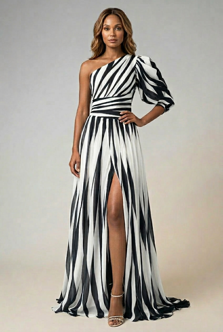 Striped One Shoulder Maxi Dress Flowing Fit