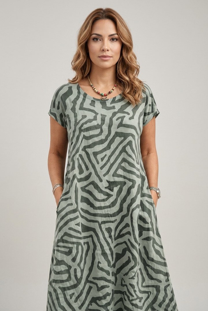 Summer Round Neck Midi Dress with Print Detail