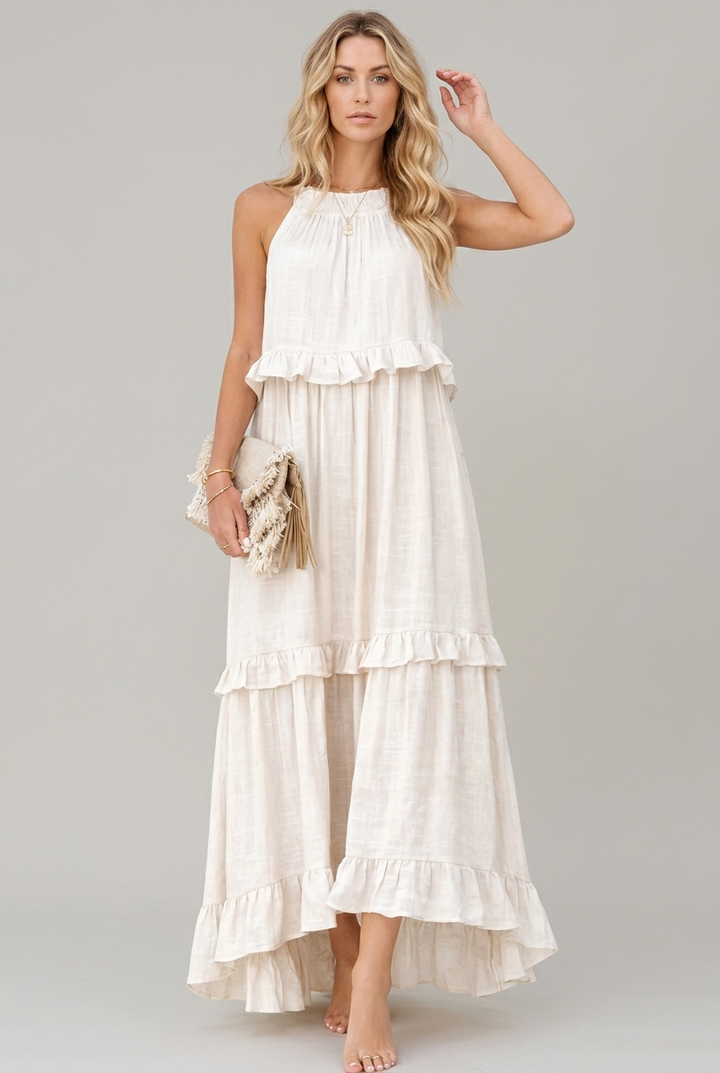 Sleeveless Ruffle Maxi Dress with Flattering Drape