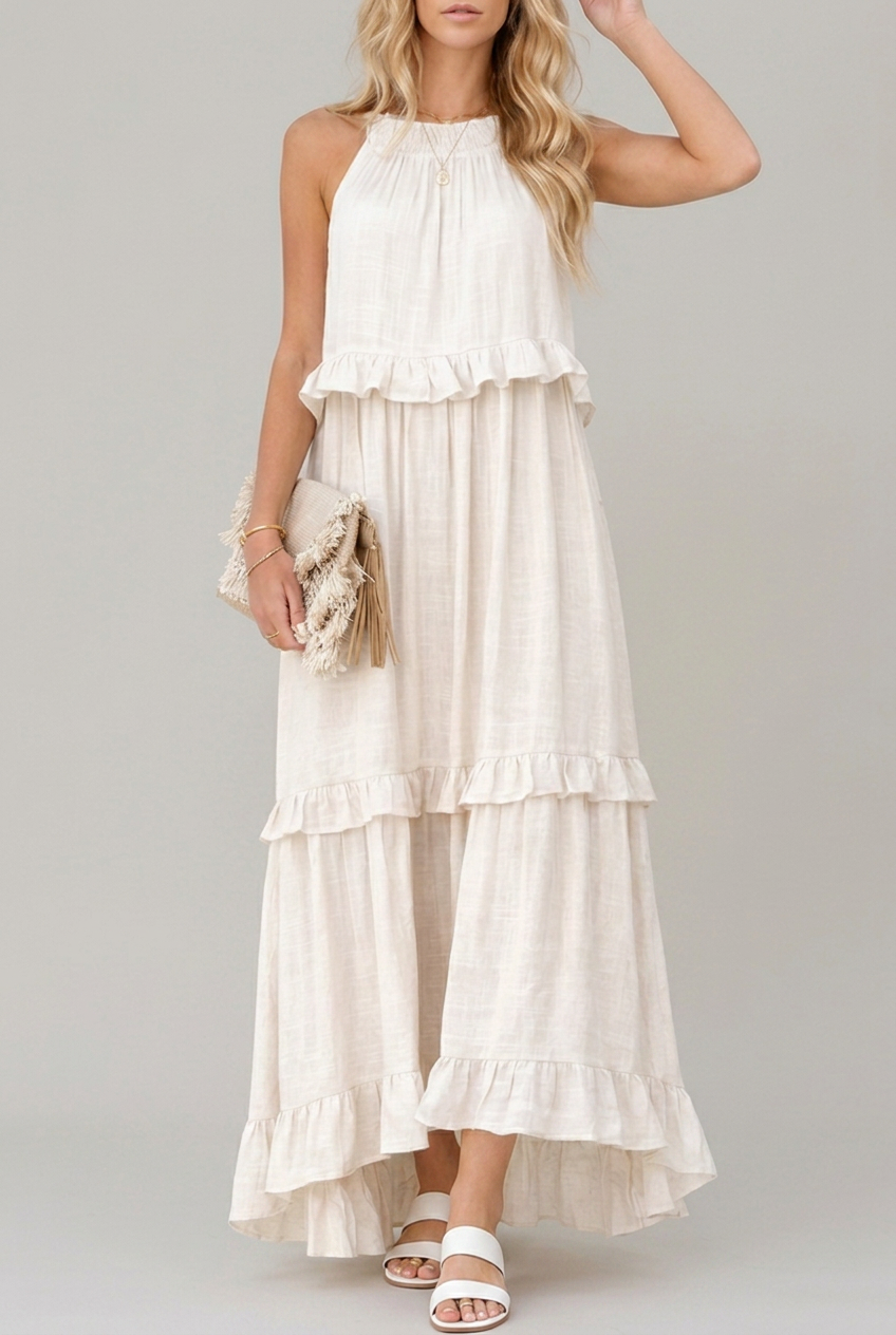 Sleeveless Ruffle Maxi Dress with Flattering Drape