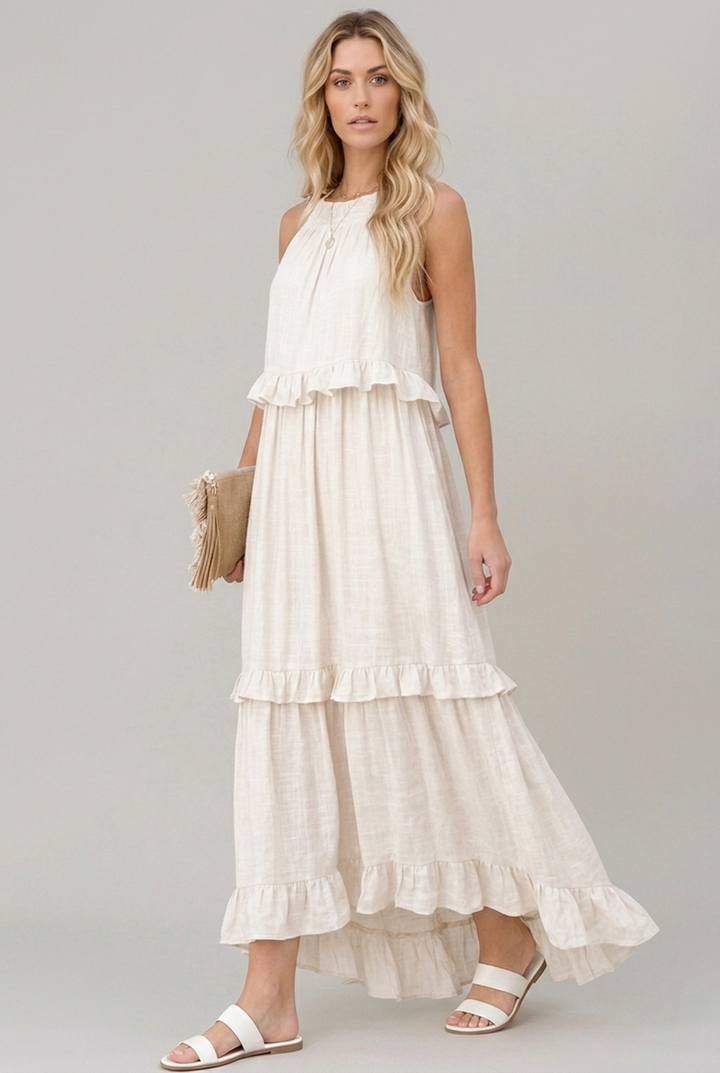 Sleeveless Ruffle Maxi Dress with Flattering Drape