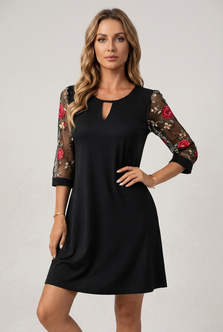 V Neckline Mini Dress with Statement Sleeves