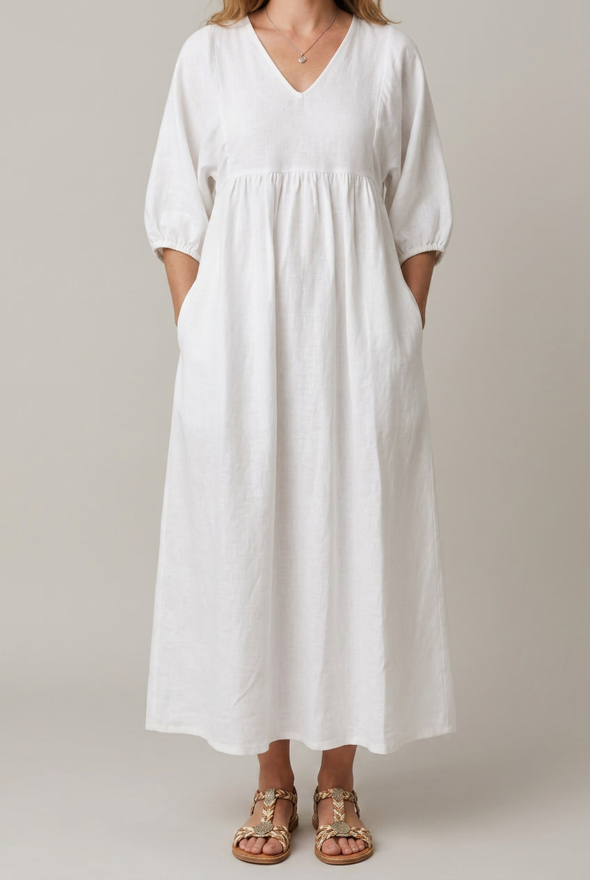 Loose Fit V Neck Midi Dress Puff Sleeve Empire Waist Pockets