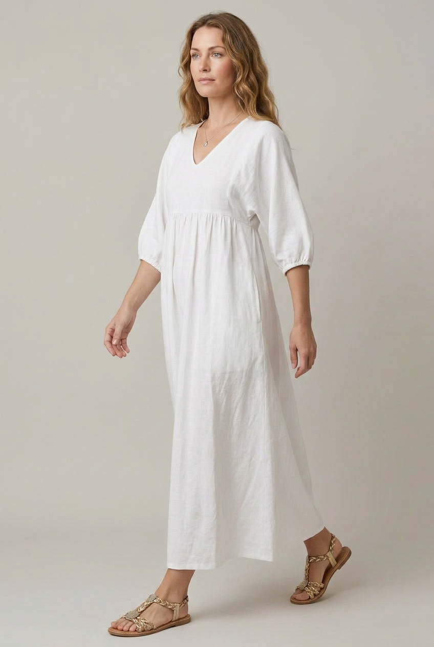 Loose Fit V Neck Midi Dress Puff Sleeve Empire Waist Pockets