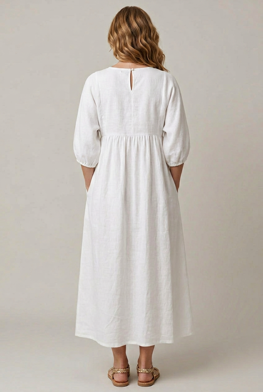 Loose Fit V Neck Midi Dress Puff Sleeve Empire Waist Pockets