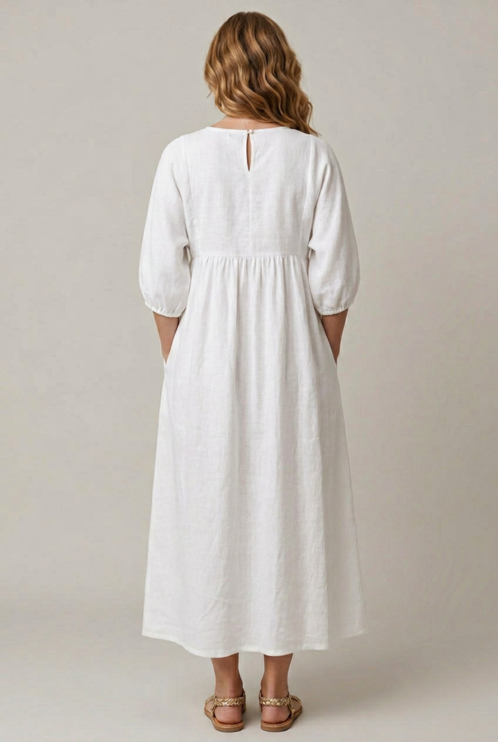 Loose Fit V Neck Midi Dress Puff Sleeve Empire Waist Pockets