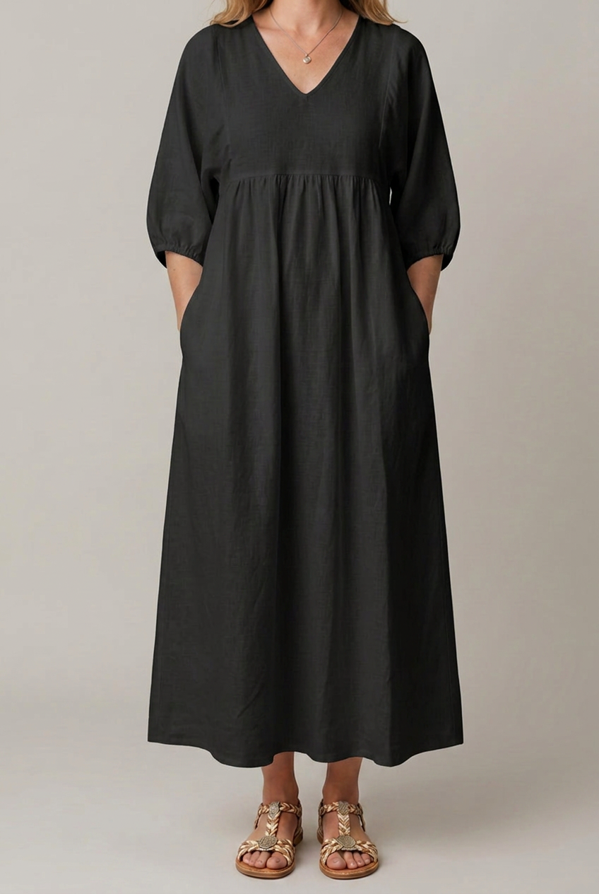 Loose Fit V Neck Midi Dress Puff Sleeve Empire Waist Pockets
