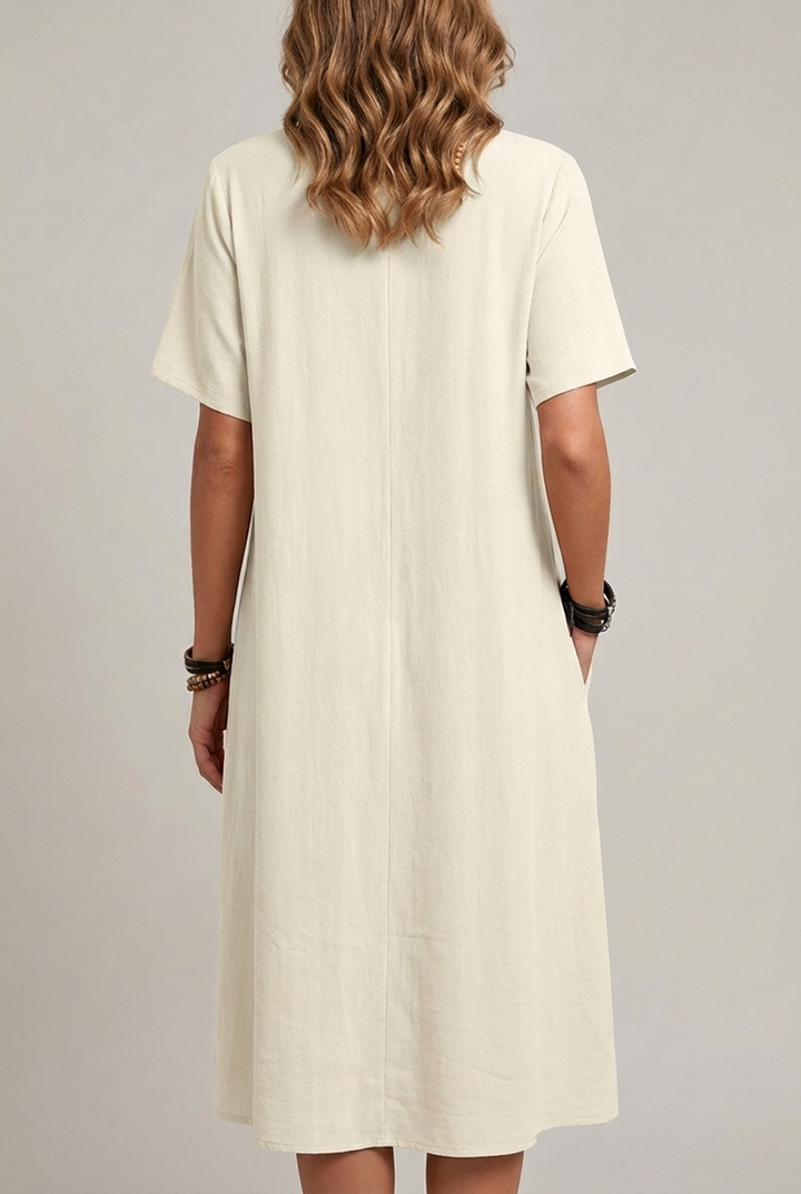 Relaxed Midi Dress with Tie Neckline and Side Pockets Summer