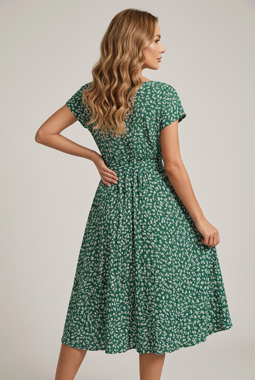 Flower Print Pleated Midi Dress with Drape
