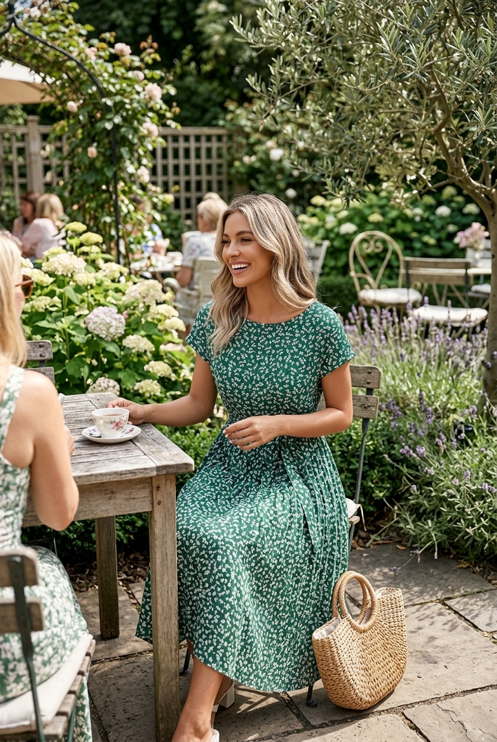 Flower Print Pleated Midi Dress with Drape