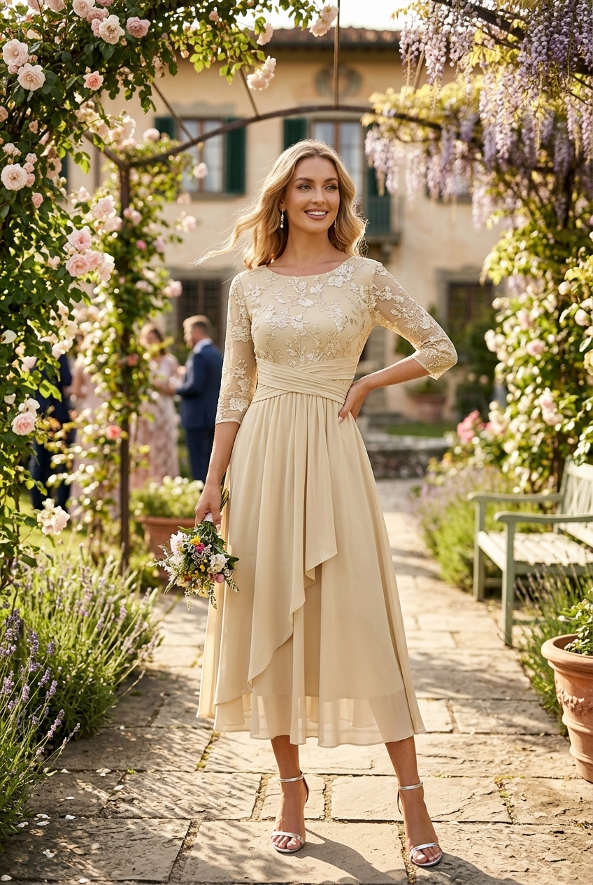 Champagne Floral Round Neck Midi Dress with Three Quarter Sleeves - Champagne / S