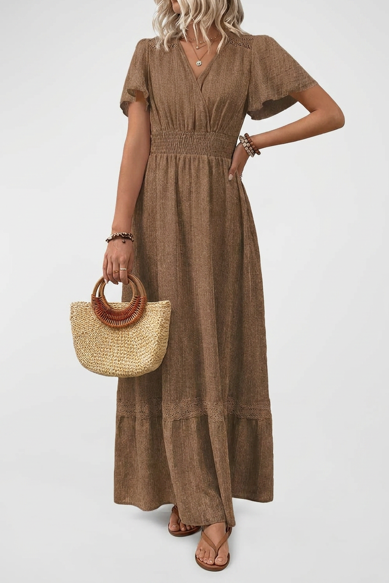 Lace Trim Maxi Dress with Gathered Waist and V Neck