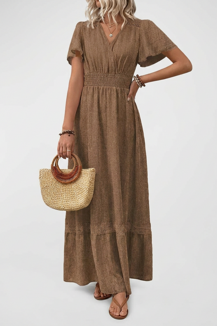 Lace Trim Maxi Dress with Gathered Waist and V Neck