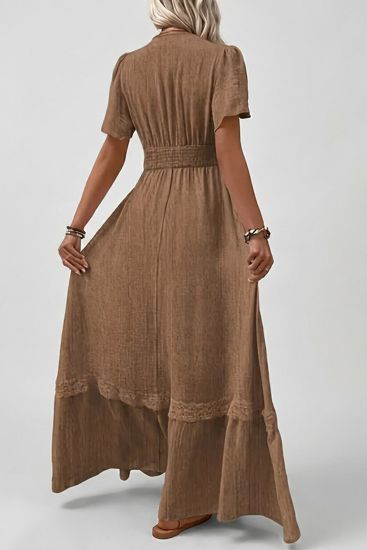 Lace Trim Maxi Dress with Gathered Waist and V Neck