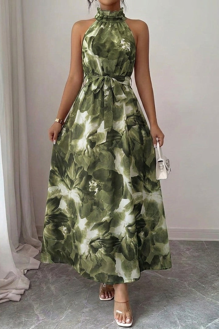Printed Maxi Dress with Side Split and V Neck